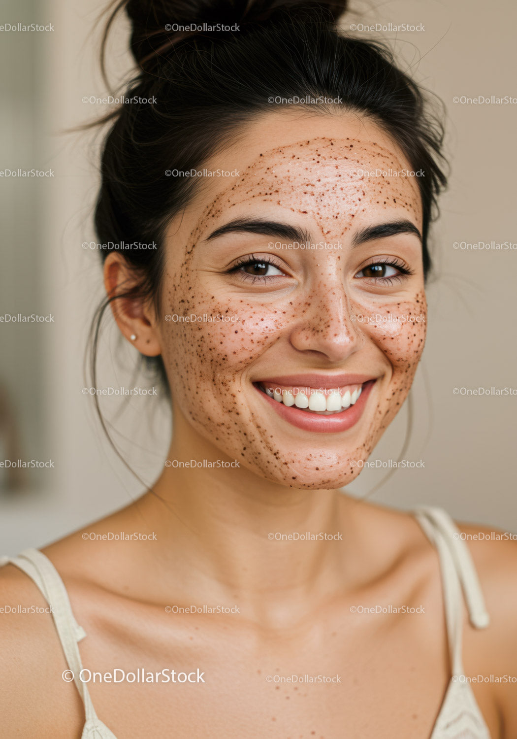 Young Woman with Clear Skin and Bright Smile in Lifestyle Portrait
