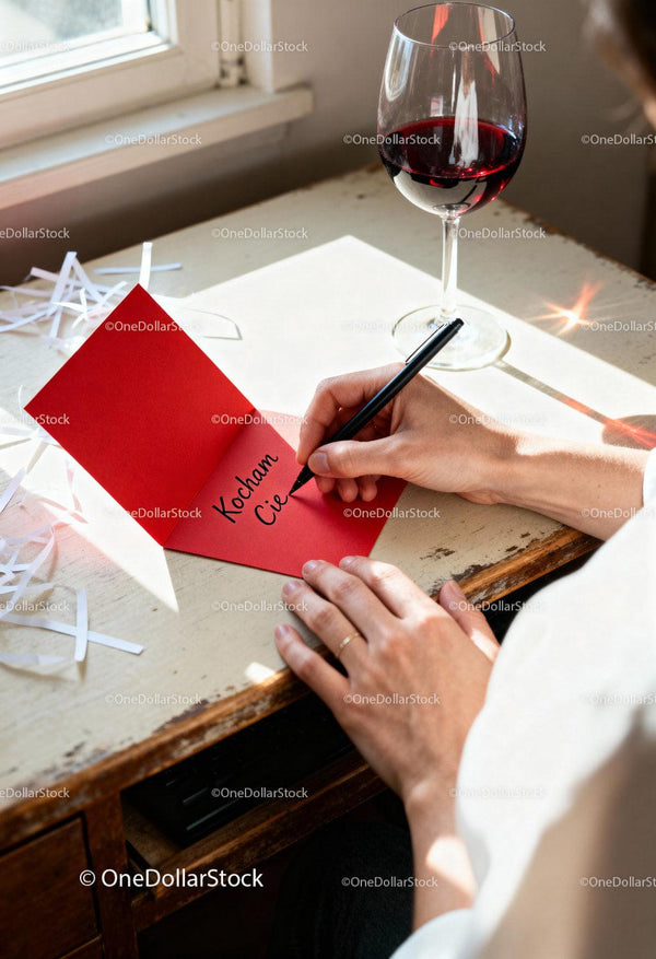 Writing a Romantic Valentine Card with Red Wine Nearby