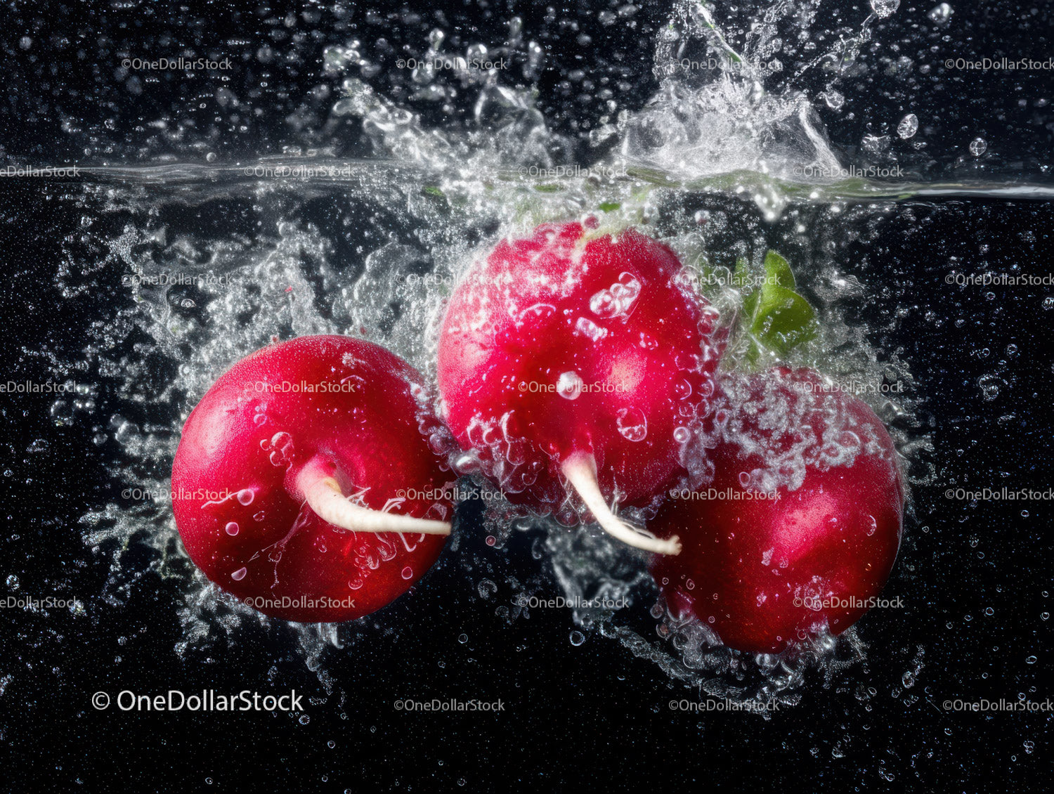 Fresh Radishes Splash Water in a Dynamic Food Photography Scene