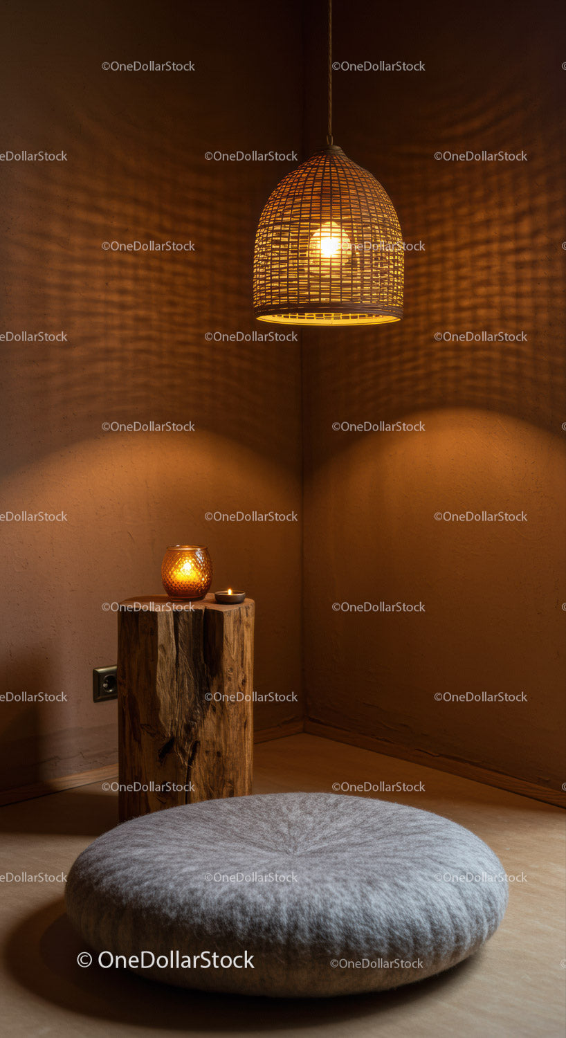 Cozy corner with soft pouf and warm wicker lamp