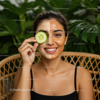 Young Woman with Facial Mask and Cucumber Eye Patch in Natural Setting