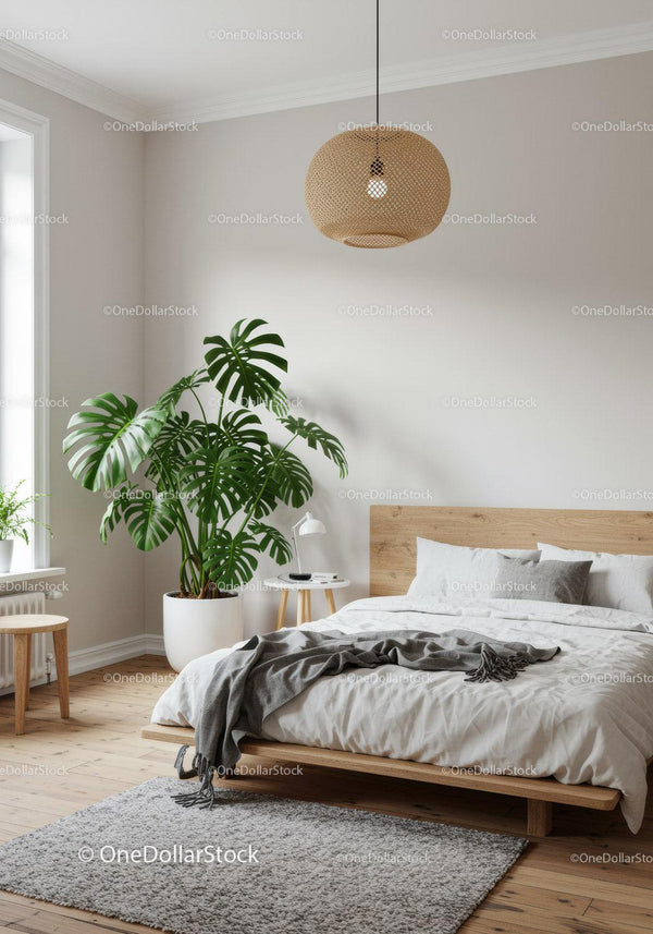 Elegancka nowoczesna sypialnia z monsterą i naturalnym oświetleniem