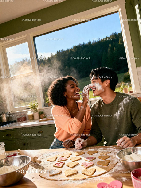 Couple Playfully Baking Heart-Shaped Cookies Together