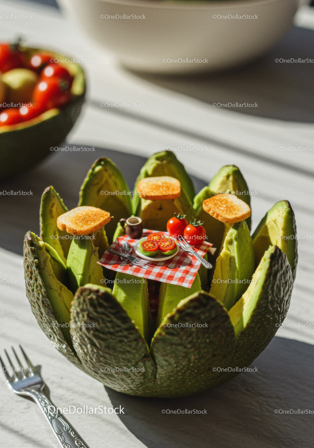Miniature Picnic Set Inside Cut Avocado Bowl
