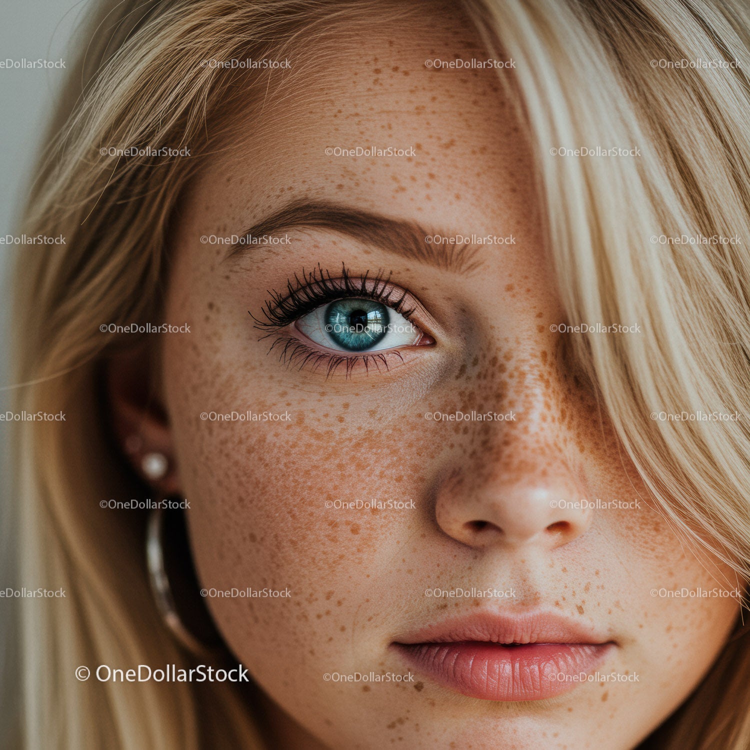 Close-up of young woman with blue eyes and freckles