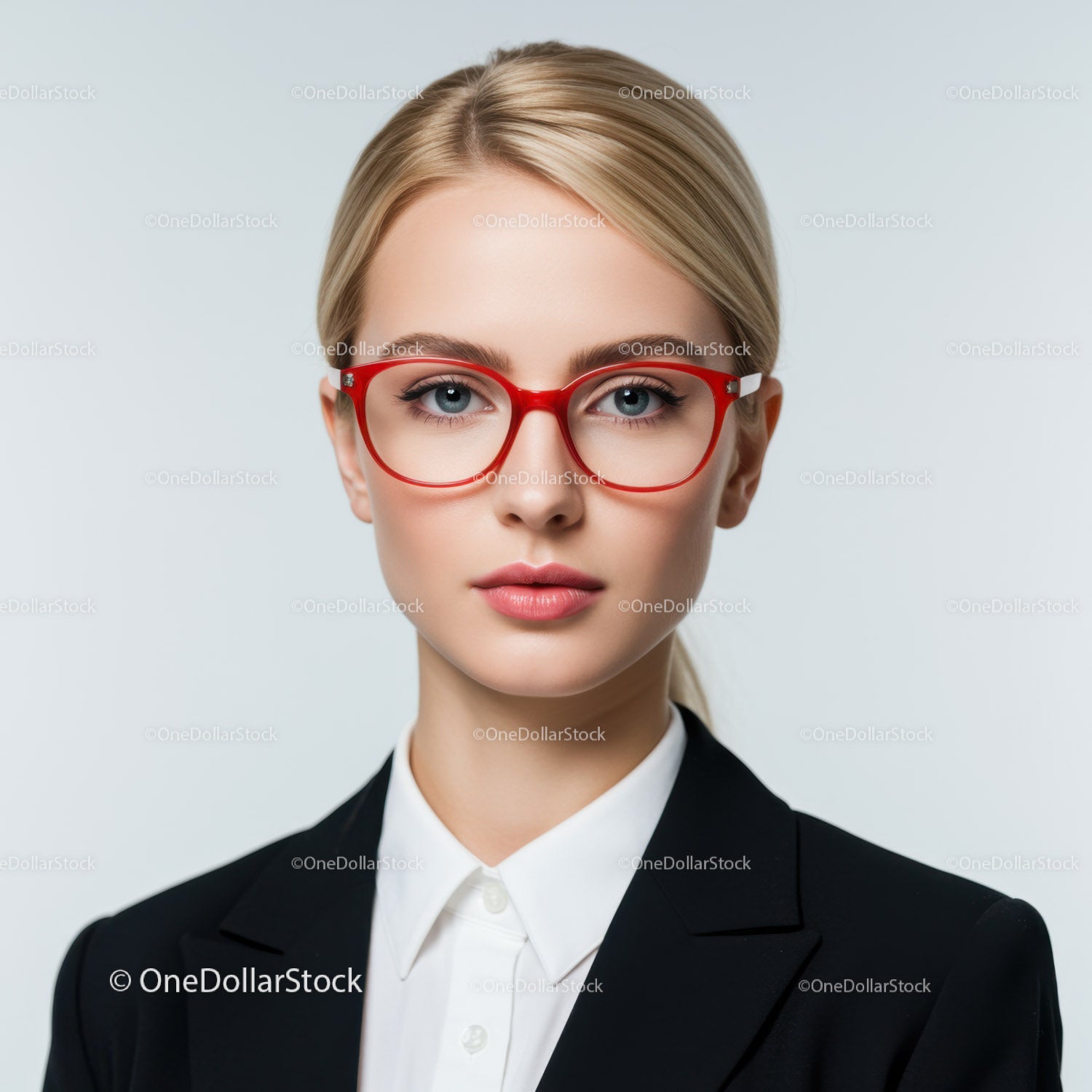 Stylish Blonde Woman Wearing Red Glasses in Professional Portrait