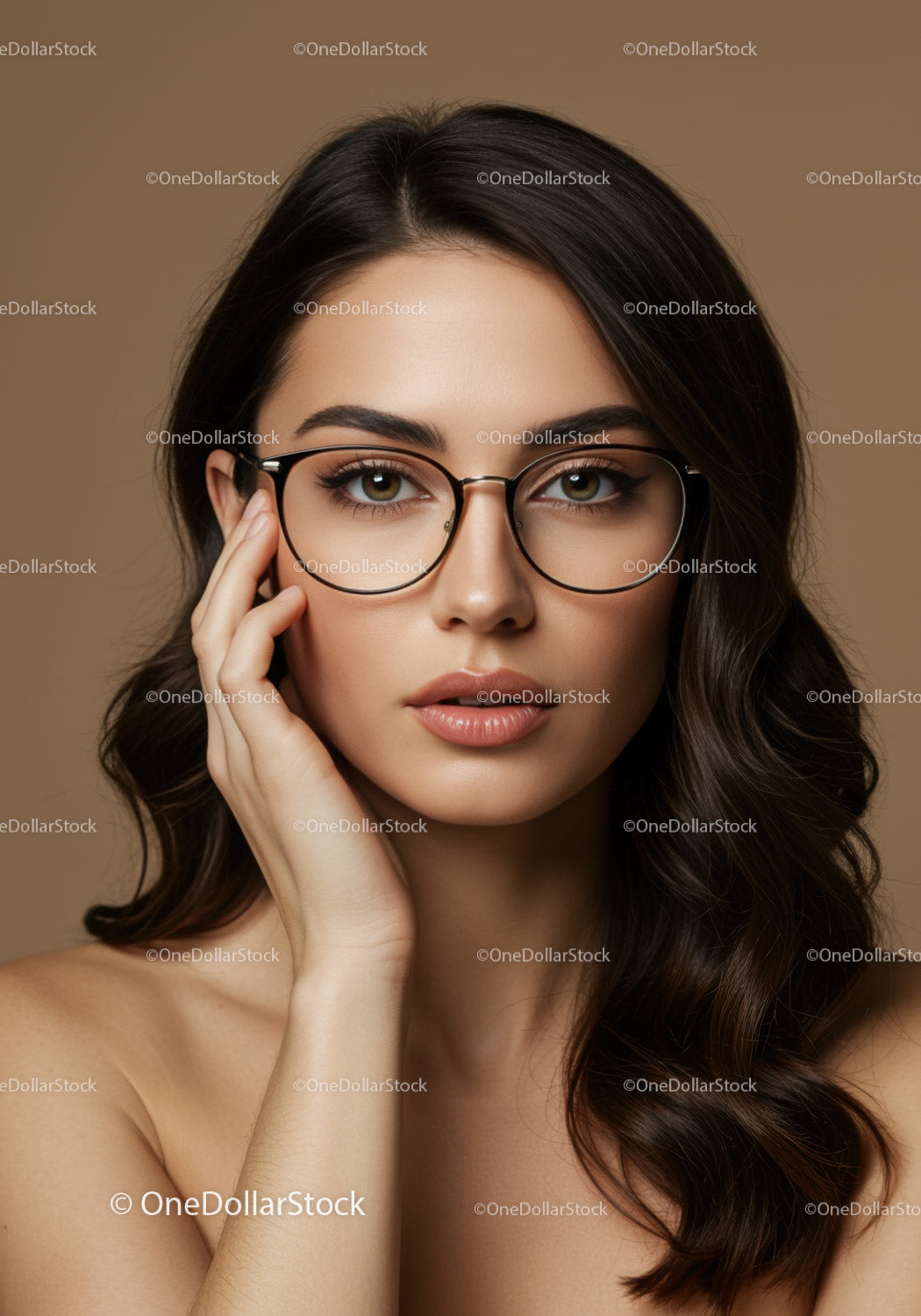 Elegant Woman with Glasses and Brown Hair in Neutral Background