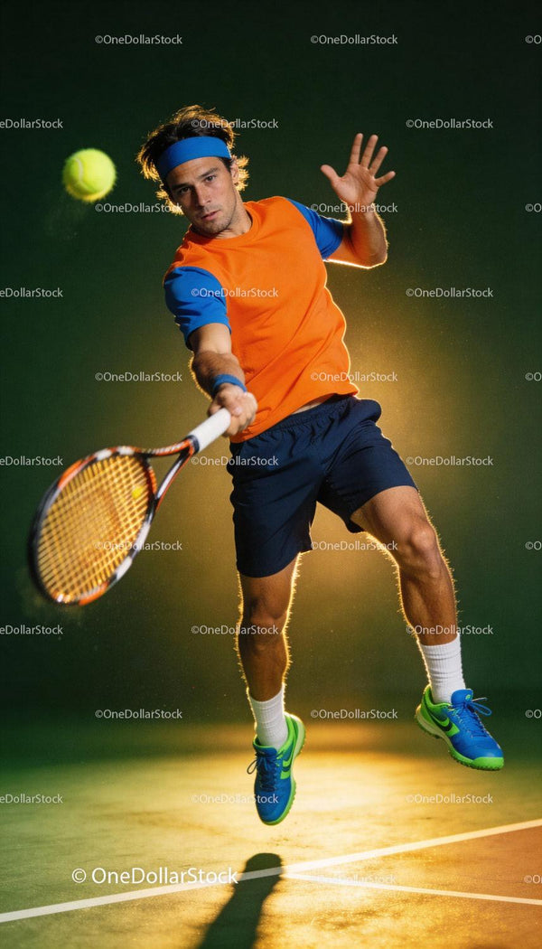Focused tennis player jumping to hit forehand shot