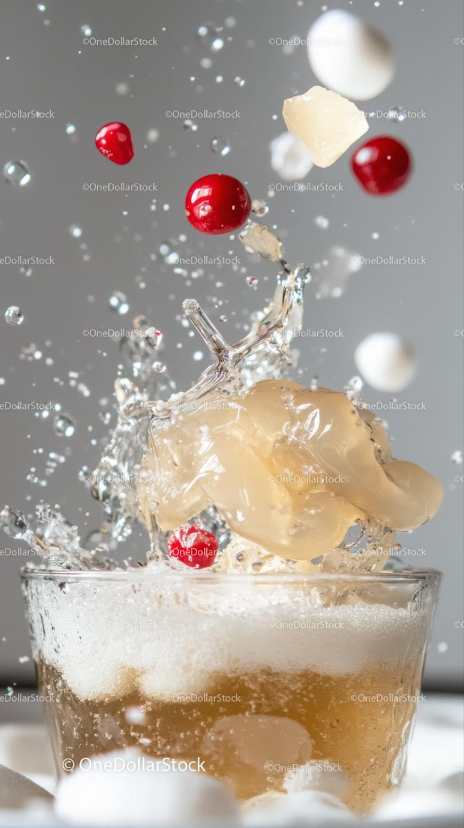 Refreshing Splash with Ice and Fruit in a Glass
