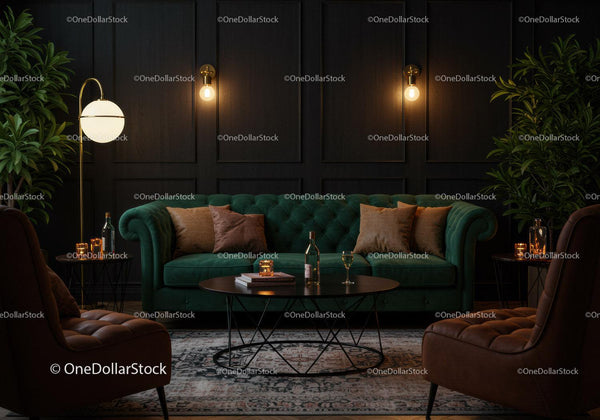 Cozy living room with dark walls and velvet sofa