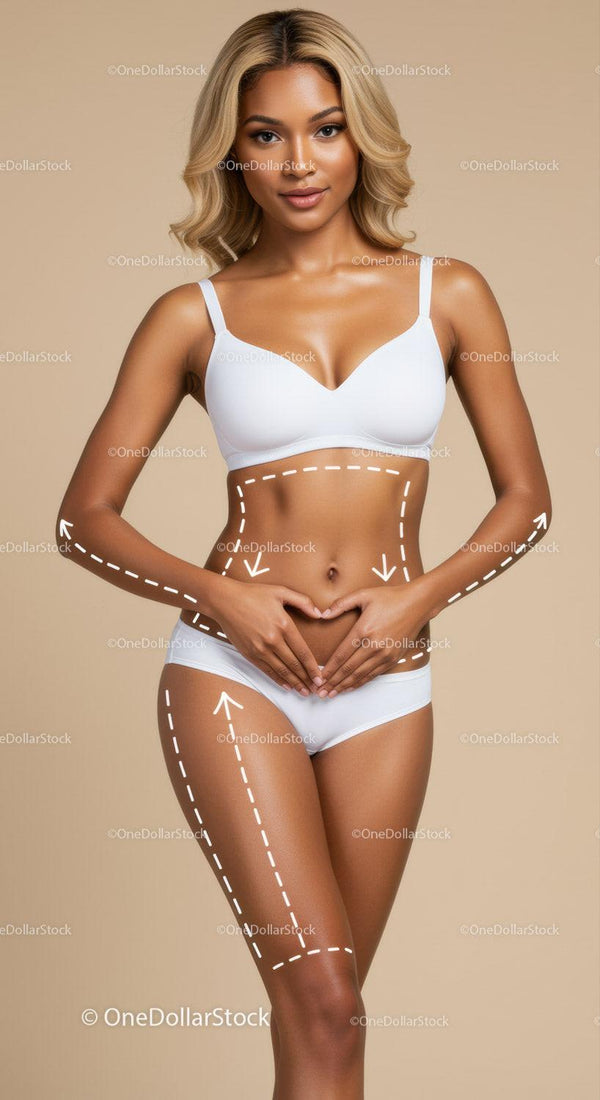 Młoda kobieta w białym bikini prezentująca pomiary ciała z oznaczeniami