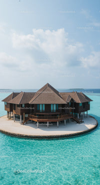 Overwater Villa on Tropical Paradise Island with Azure Waters