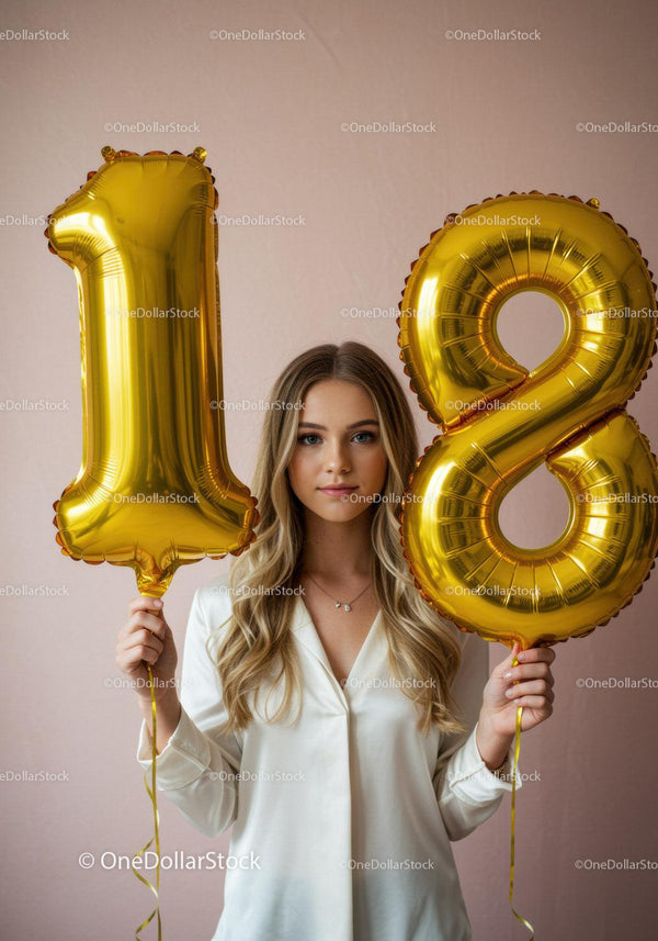 Young woman celebrating 18th birthday with gold balloons