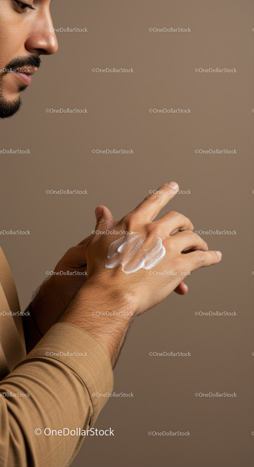 Close Up of a Man Applying Lotion on Hand for Skin Care