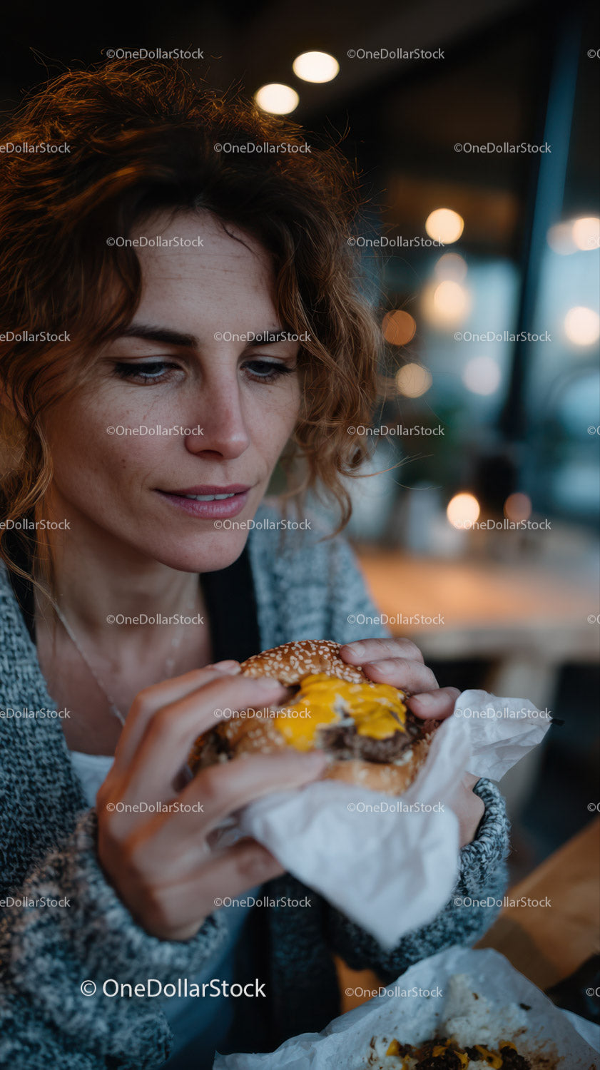 Kobieta delektująca się soczystym cheeseburgerem w przytulnej atmosferze kawiarni