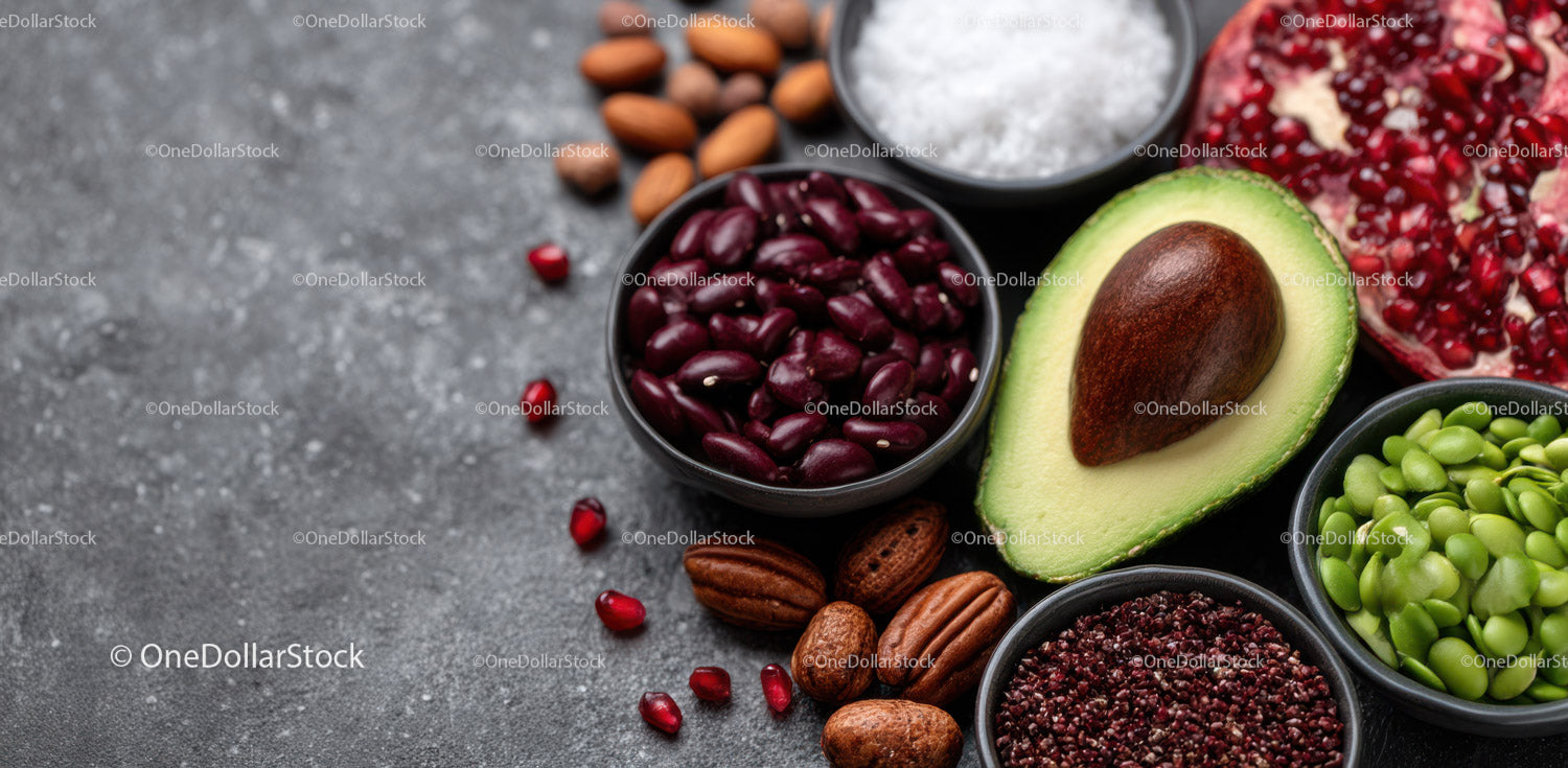 Fresh Assorted Food Ingredients with Avocado Pomegranate and Nuts