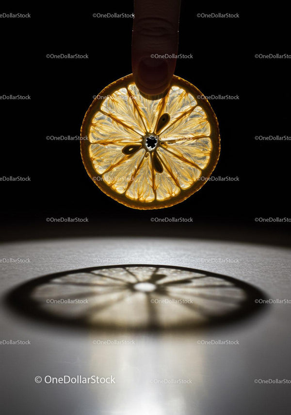 Finger Holding Thin Slice of Lemon with Shadow