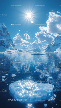 Majestic Snowy Mountains and Glacial Fjord under Bright Sun