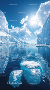 Majestic Arctic Landscape with Floating Icebergs and Sunny Sky