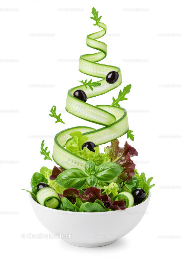 Fresh mixed green salad with floating cucumber ribbons