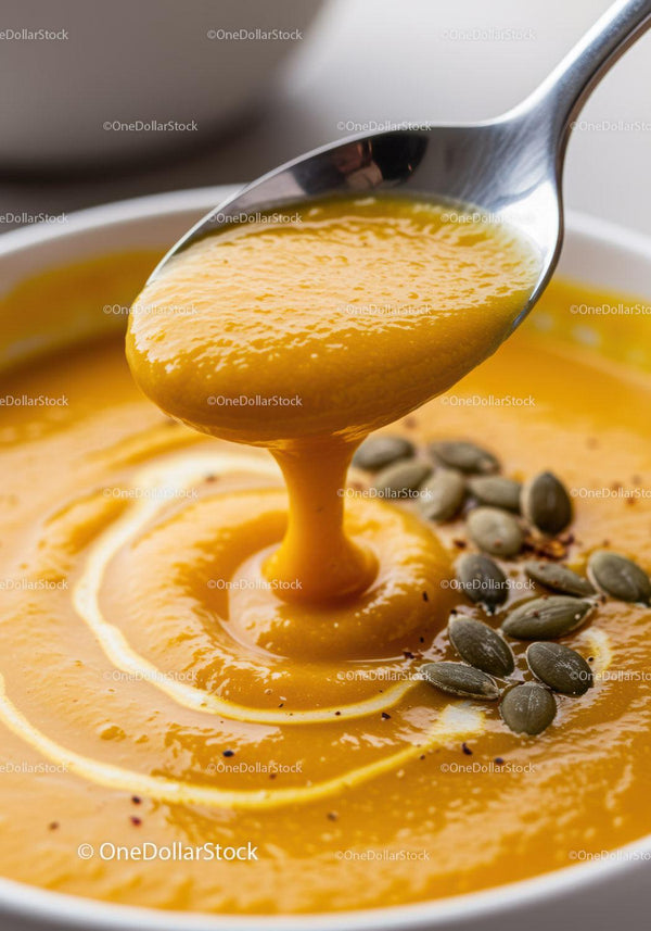 Creamy pumpkin soup with pumpkin seeds close up