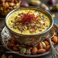 Saffron Flavored Milk with Pistachios and Almonds in Ornate Silver Bowl