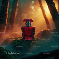 Luxury Red Perfume Bottle in Mystical Forest Scene