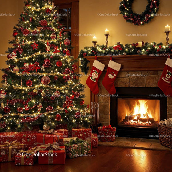 Cozy Christmas living room with decorated tree and fireplace