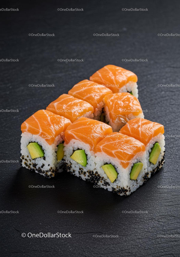 Fresh salmon avocado sushi rolls on black slate