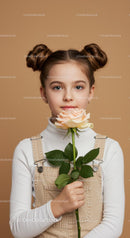 Young Girl Holding Rose Against Solid Color Background