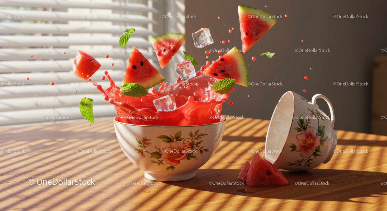 Fresh watermelon splash with mint and ice cubes in bowl