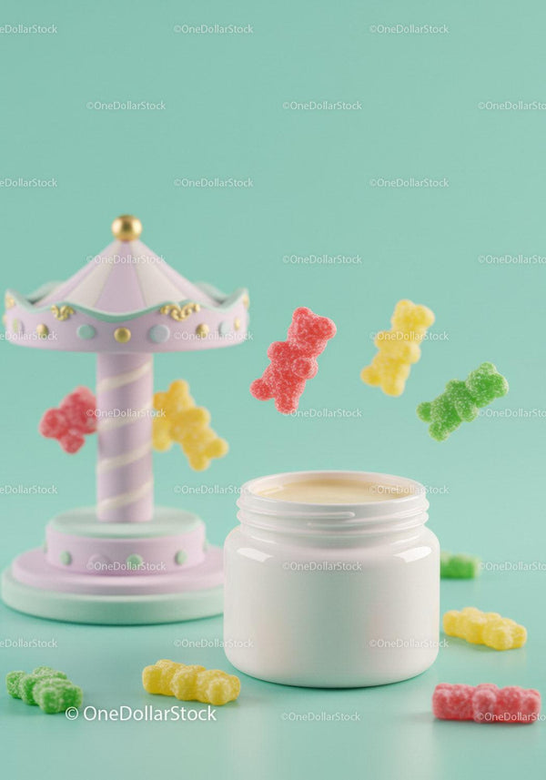 Open white jar with cream and colorful gummy bears JPG Mockup Image