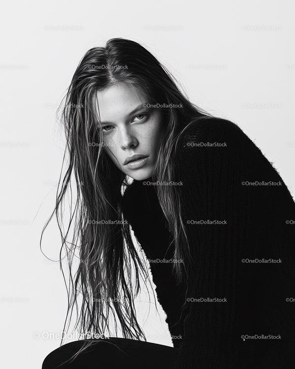 Portrait of a Young Woman with Wet Hair in Black and White Style