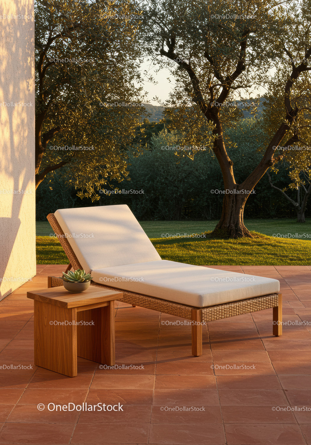 Outdoor Lounge Chair and Wooden Side Table in Lush Garden Scene