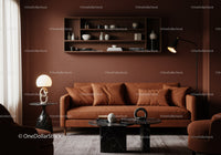 Modern living room with brown leather sofa and black marble tables