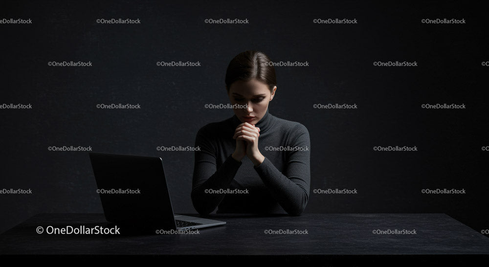 Thoughtful Woman at Laptop in Dark Modern Workspace