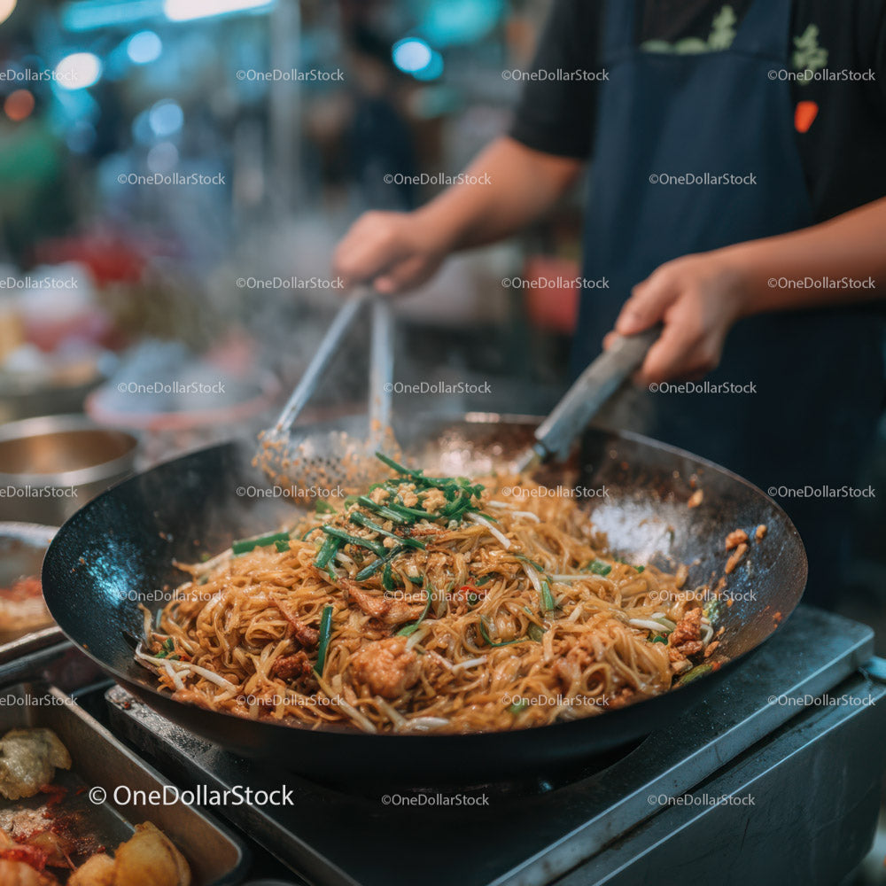 Stir-Fried Noodles with Vegetables in a Professional Street Food Setting