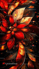 Abstract Floral Pattern with Red and Gold Leaves in Digital Art Style