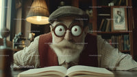 Elderly Man Wearing Funny Goggles Reading in Cozy Library