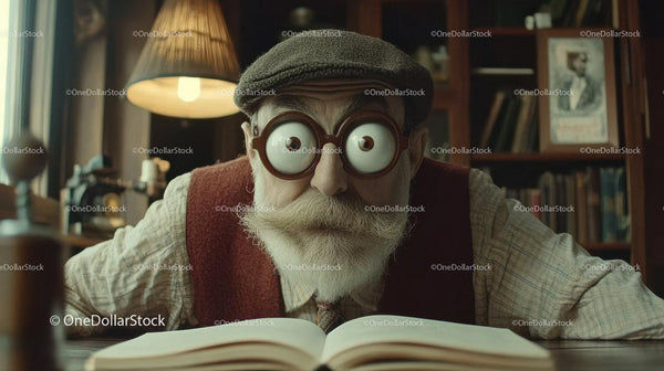 Senior Man Wearing Round Glasses and Flat Cap Reading Book