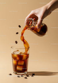 Pouring Cold Brew Coffee Over Ice Cubes in Glass