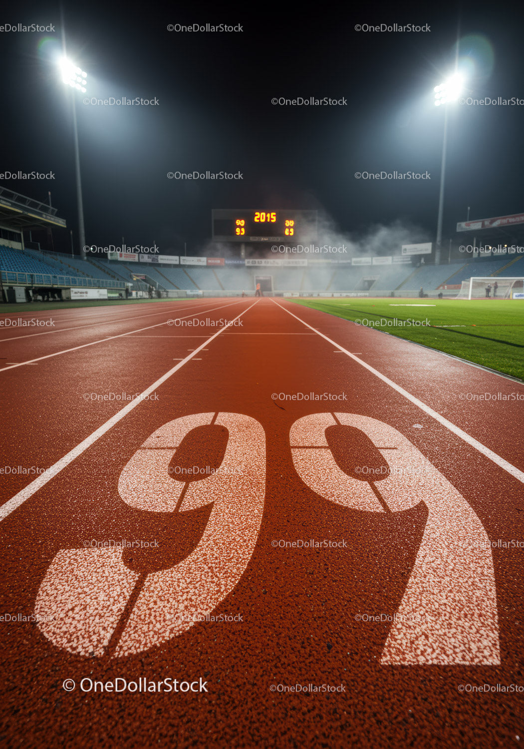 Night view of illuminated running track with lane ninety nine