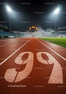 Night view of illuminated running track with lane ninety nine