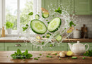 Fresh cucumber and ginger splash in modern kitchen