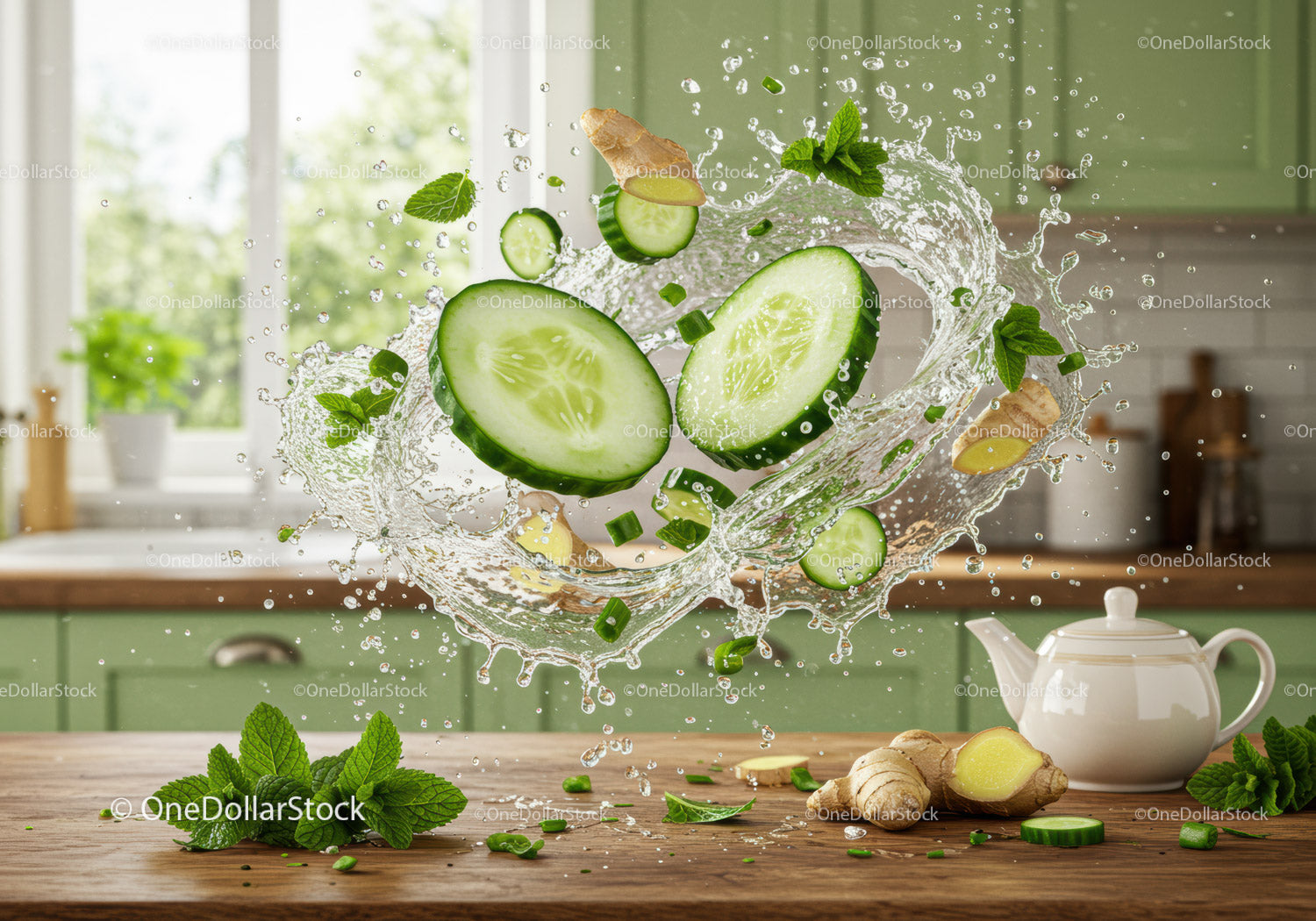 Fresh cucumber and ginger splash in modern kitchen