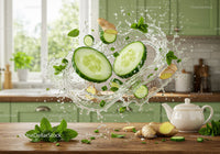 Fresh cucumber and ginger splash in modern kitchen