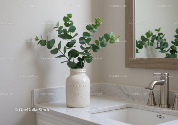 Elegant Eucalyptus in White Vase Beside Modern Kitchen Sink