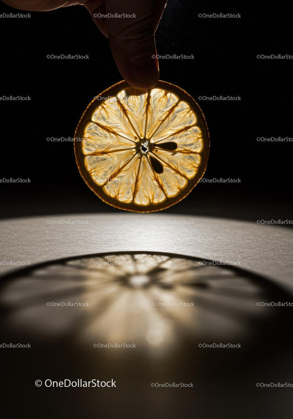 Hand Holding Translucent Lemon Slice Against Dark Background