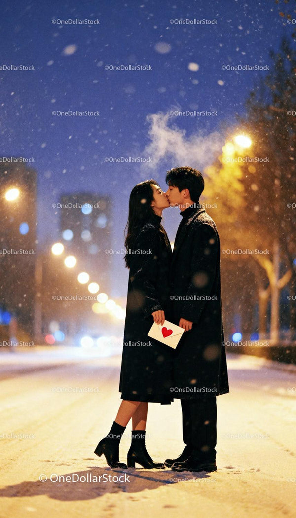 Couple Sharing Romantic Kiss in Snowy Urban Night