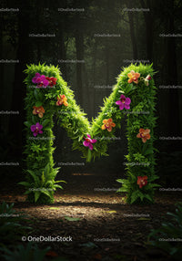 Green floral letter M glowing in dark forest